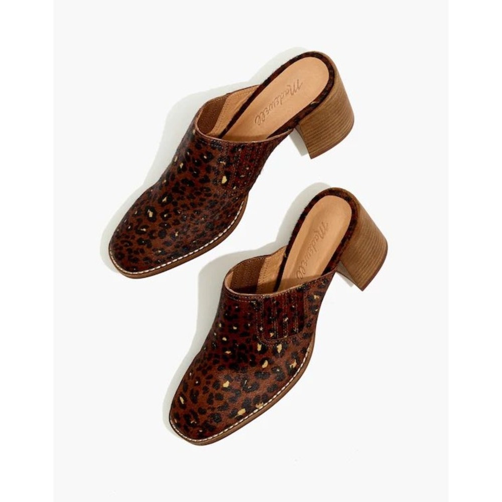 Madewell Harper Mules 8.5 Leopard Print Calf Hair Block Heel Slip On Brown G1046